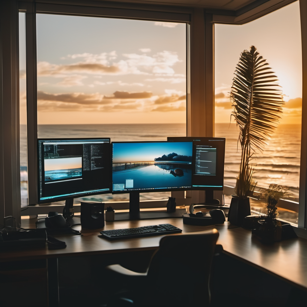 A desk and computer in front of the sea